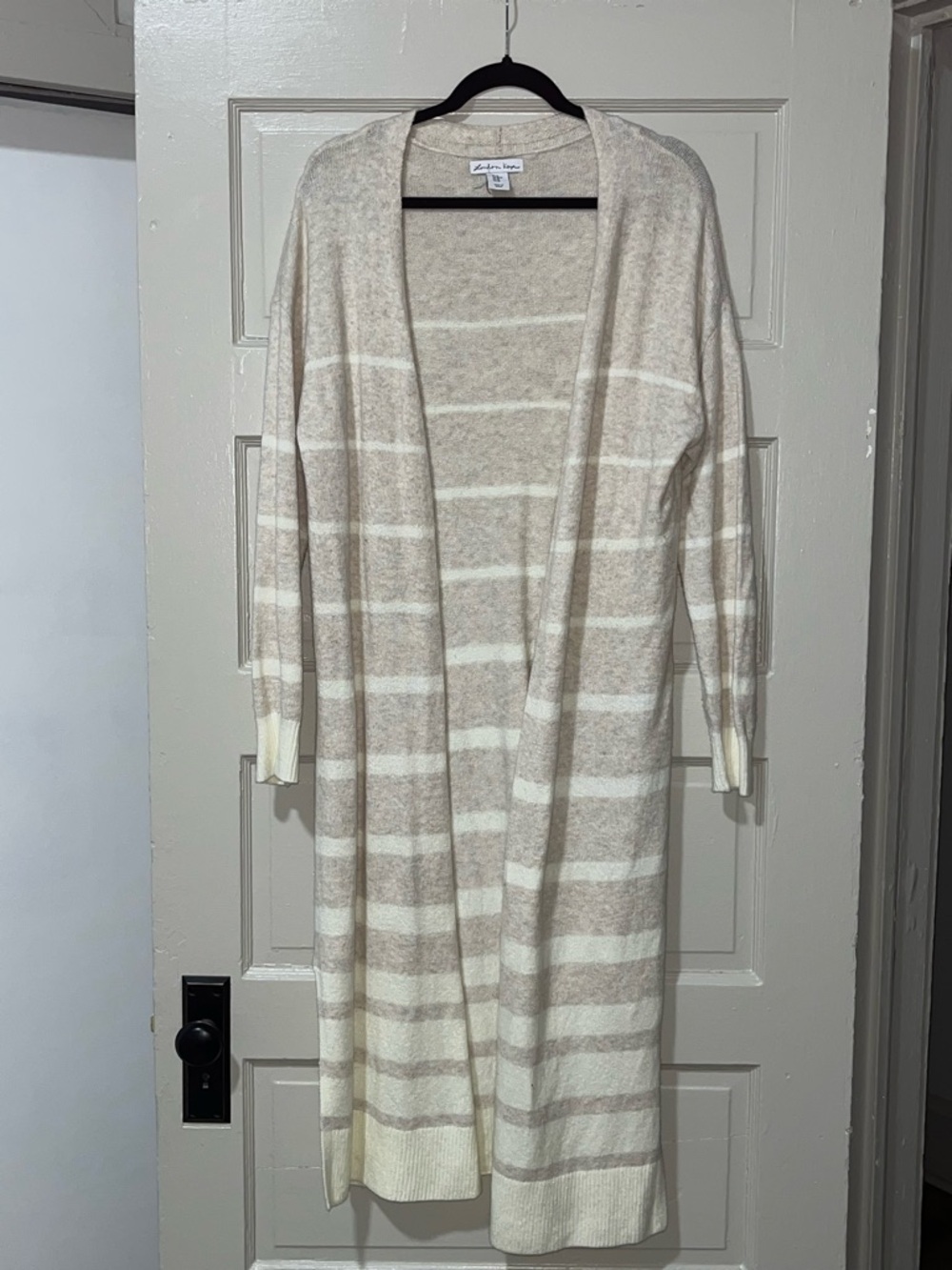 London Kaye Long Open-Front Striped Cardigan - Beige & Cream
